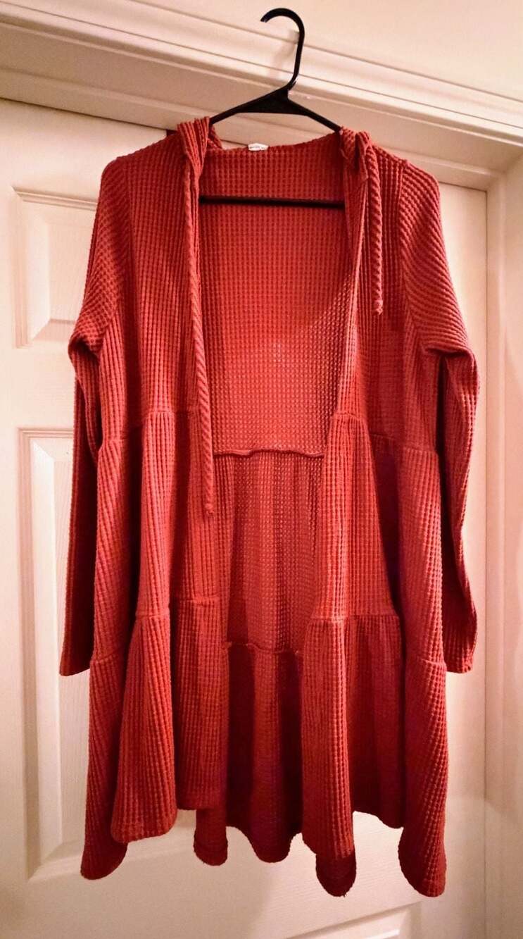 Waffle Knit Tiered Hooded Cardigan Duster